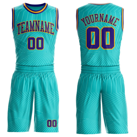 Custom Green Dark Purple-Gold Abstract Tech Geometric Lines Round Neck Sublimation Basketball Uniform Jersey - Main View