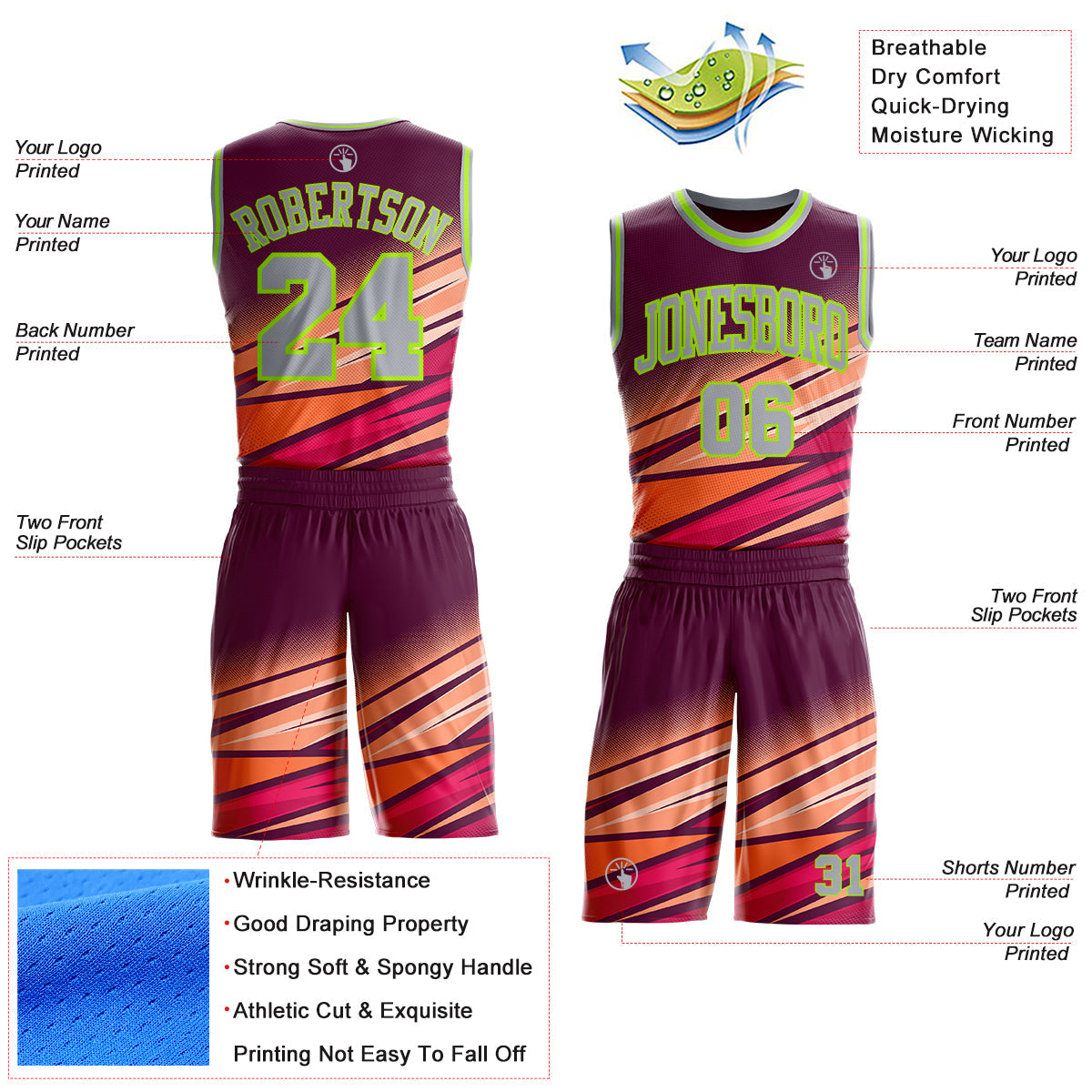 Custom Purple Gray Orange Red-Neon Green Abstract Gradient Lines Round Neck Sublimation Basketball Uniform Jersey view 2