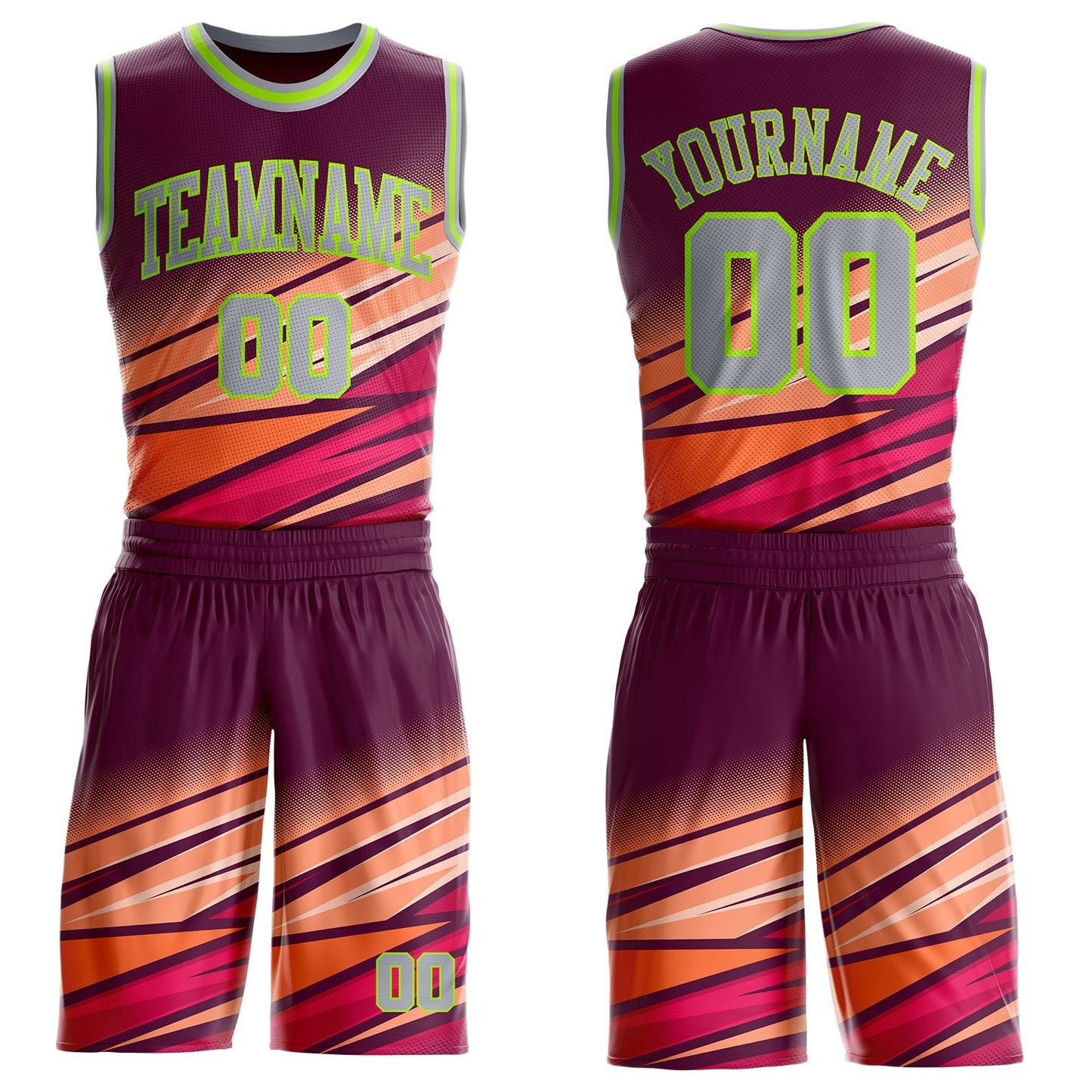 Custom Purple Gray Orange Red-Neon Green Abstract Gradient Lines Round Neck Sublimation Basketball Uniform Jersey - Main View