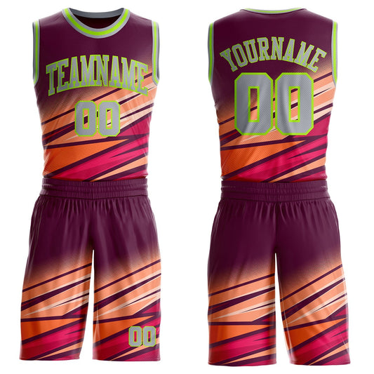 Custom Purple Gray Orange Red-Neon Green Abstract Gradient Lines Round Neck Sublimation Basketball Uniform Jersey - Main View