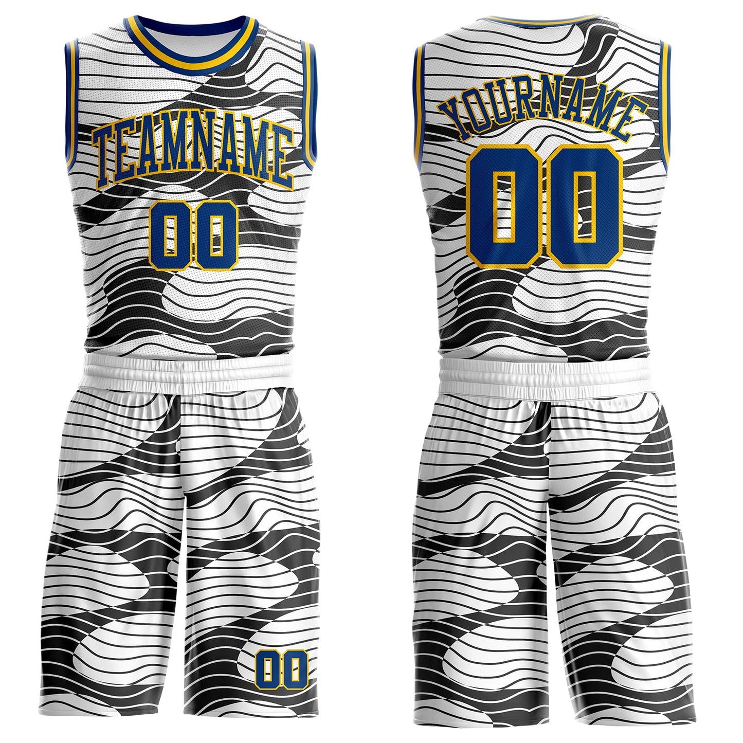 Custom White US Navy Blue Black-Yellow Abstract Wave Round Neck Sublimation Basketball Uniform Jersey - Main View