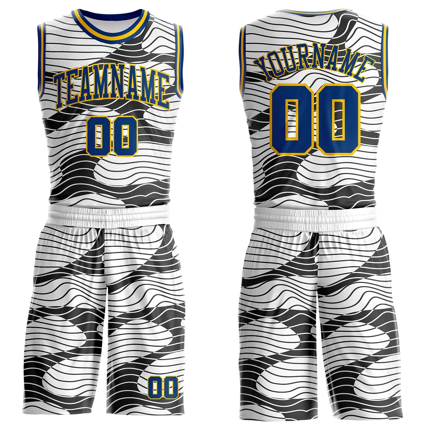 Custom White US Navy Blue Black-Yellow Abstract Wave Round Neck Sublimation Basketball Uniform Jersey - Main View
