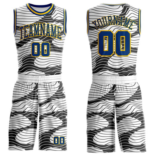 Custom White US Navy Blue Black-Yellow Abstract Wave Round Neck Sublimation Basketball Uniform Jersey - Main View