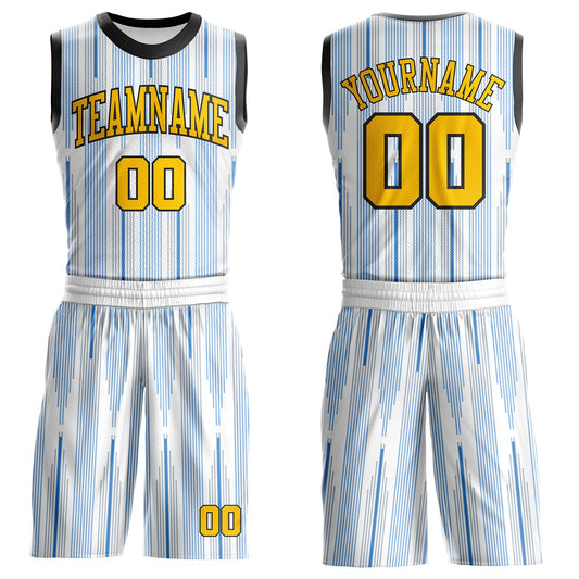 Custom White Yellow Blue-Black Gradient Vertical Stripes Round Neck Sublimation Basketball Uniform Jersey - Main View