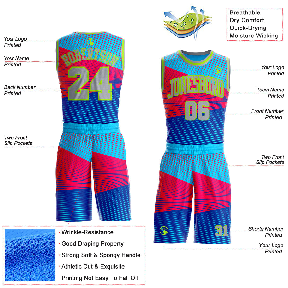 Custom Blue Gray Red-Neon Green Abstract Stripes Round Neck Sublimation Basketball Uniform Jersey view 2