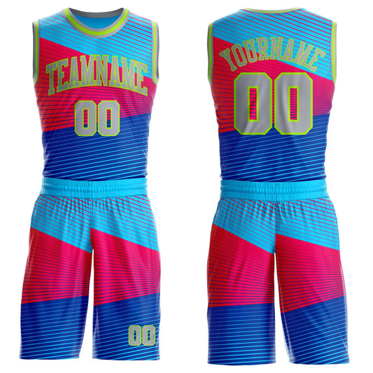 Custom Blue Gray Red-Neon Green Abstract Stripes Round Neck Sublimation Basketball Uniform Jersey - Main View