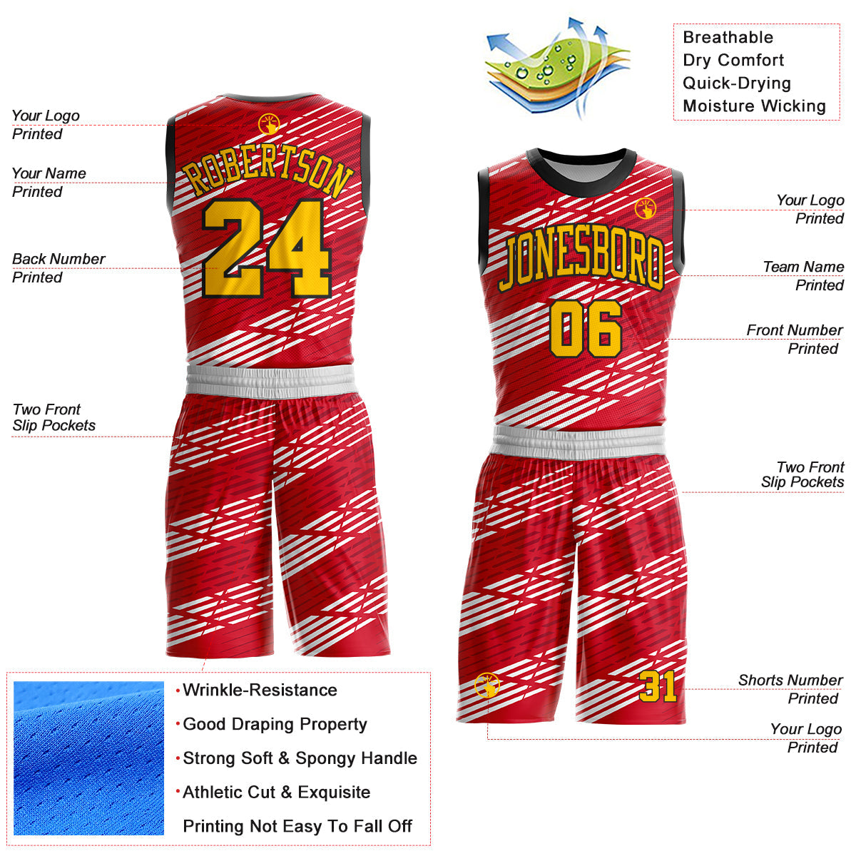 Custom Red Yellow White-Black Abstract Diagonal Stripes Round Neck Sublimation Basketball Uniform Jersey view 2