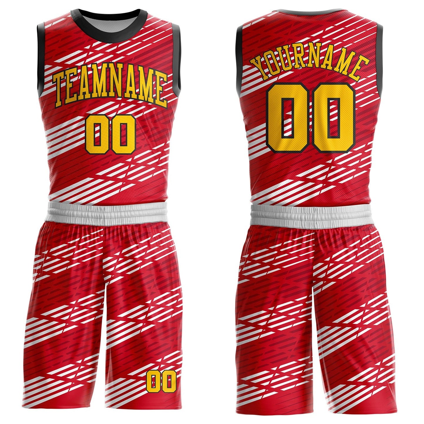 Custom Red Yellow White-Black Abstract Diagonal Stripes Round Neck Sublimation Basketball Uniform Jersey - Main View