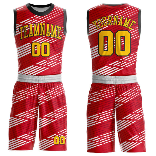 Custom Red Yellow White-Black Abstract Diagonal Stripes Round Neck Sublimation Basketball Uniform Jersey - Main View