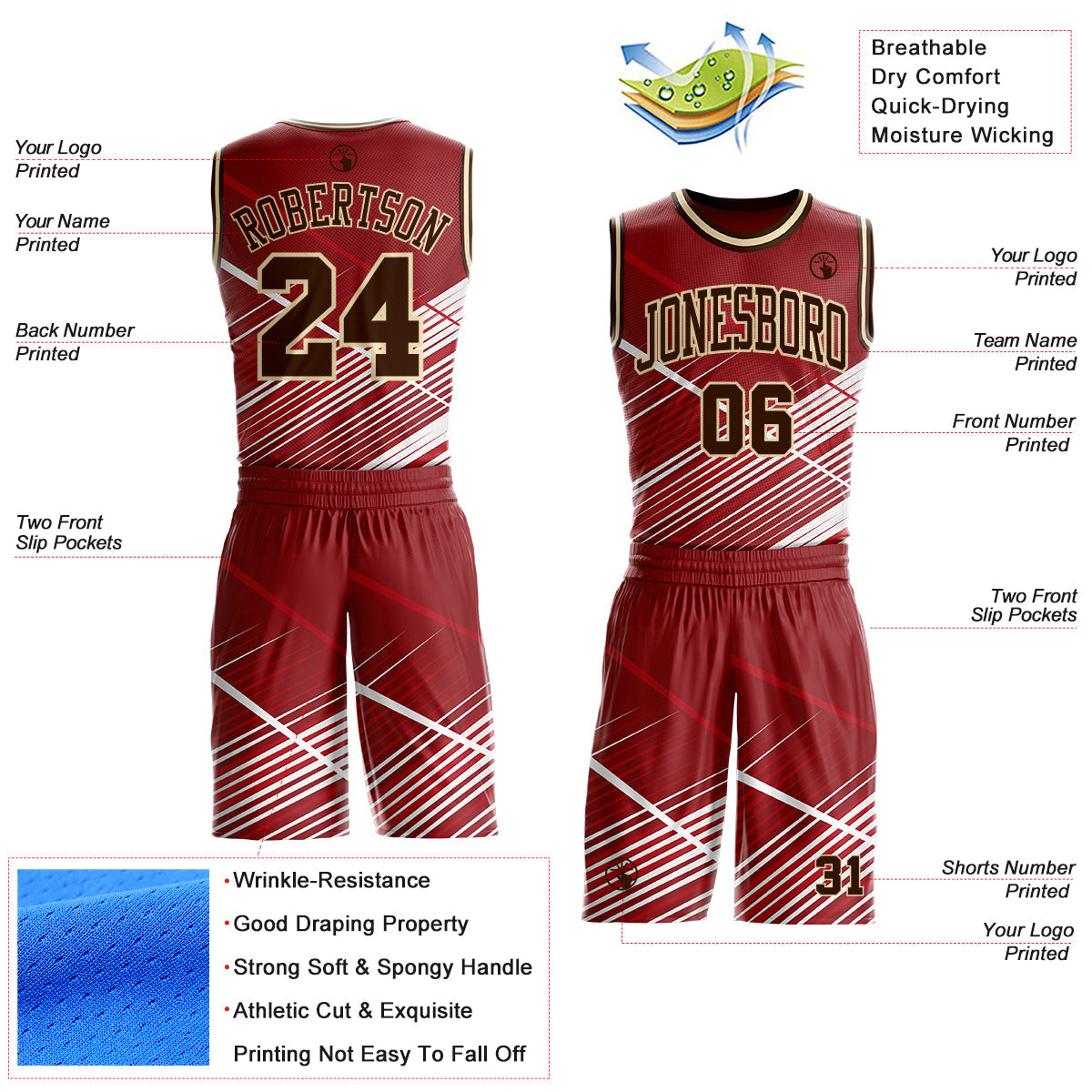 Custom Red Brown White-Cream Abstract Geometric Lines Round Neck Sublimation Basketball Uniform Jersey view 2