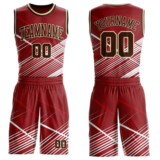 Custom Red Brown White-Cream Abstract Geometric Lines Round Neck Sublimation Basketball Uniform Jersey - Main View