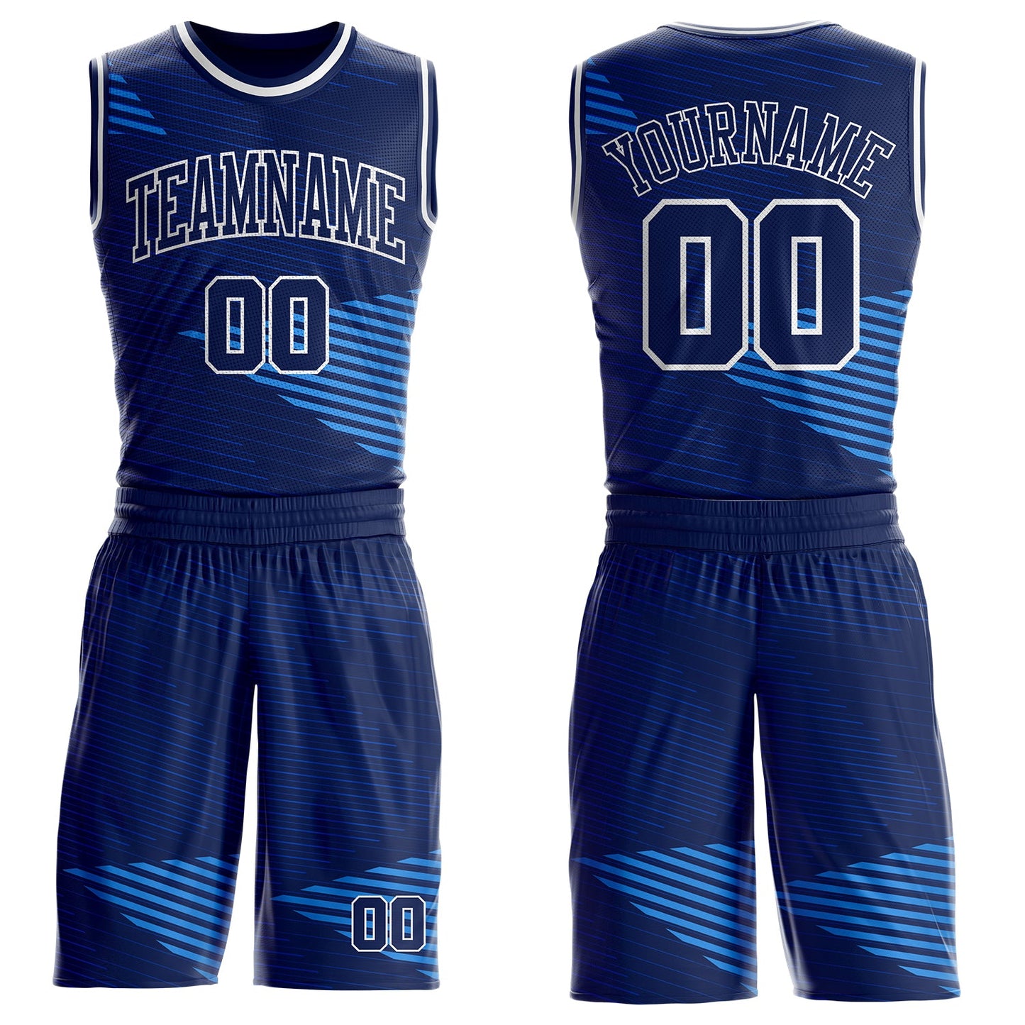 Custom Navy Blue-White Abstract Geometric Lines Round Neck Sublimation Basketball Uniform Jersey - Main View