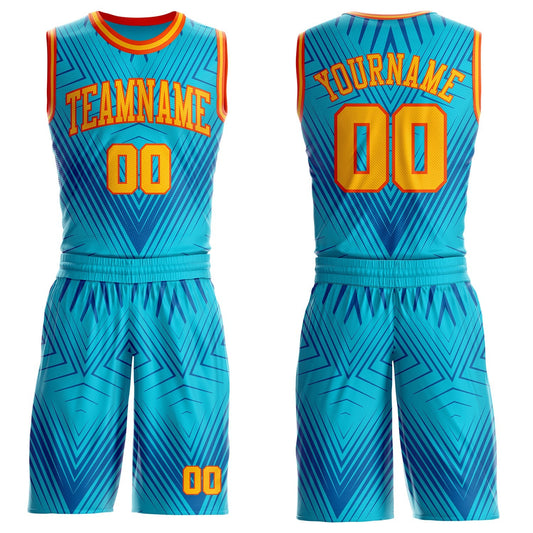 Custom Blue Gold-Orange Abstract Geometric Lines Round Neck Sublimation Basketball Uniform Jersey - Main View