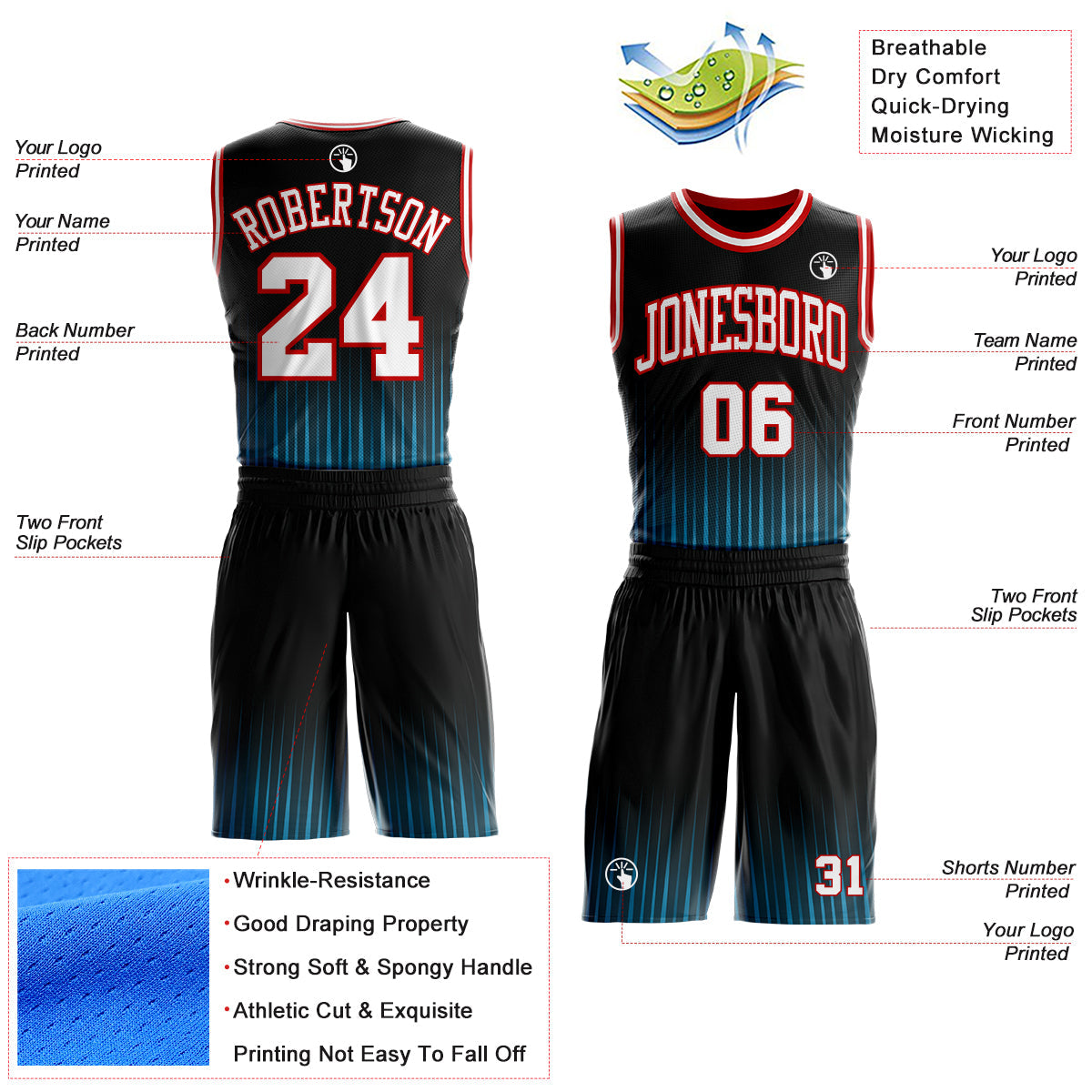 Custom Black White Blue-Red Gradient Vertical Stripes Round Neck Sublimation Basketball Uniform Jersey view 2