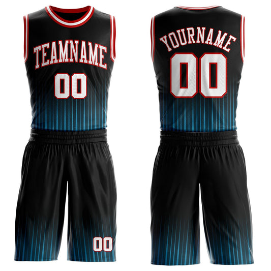 Custom Black White Blue-Red Gradient Vertical Stripes Round Neck Sublimation Basketball Uniform Jersey - Main View
