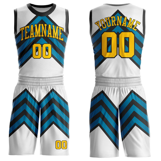 Custom White Yellow Blue-Black Abstract Arrow Round Neck Sublimation Basketball Uniform Jersey - Main View