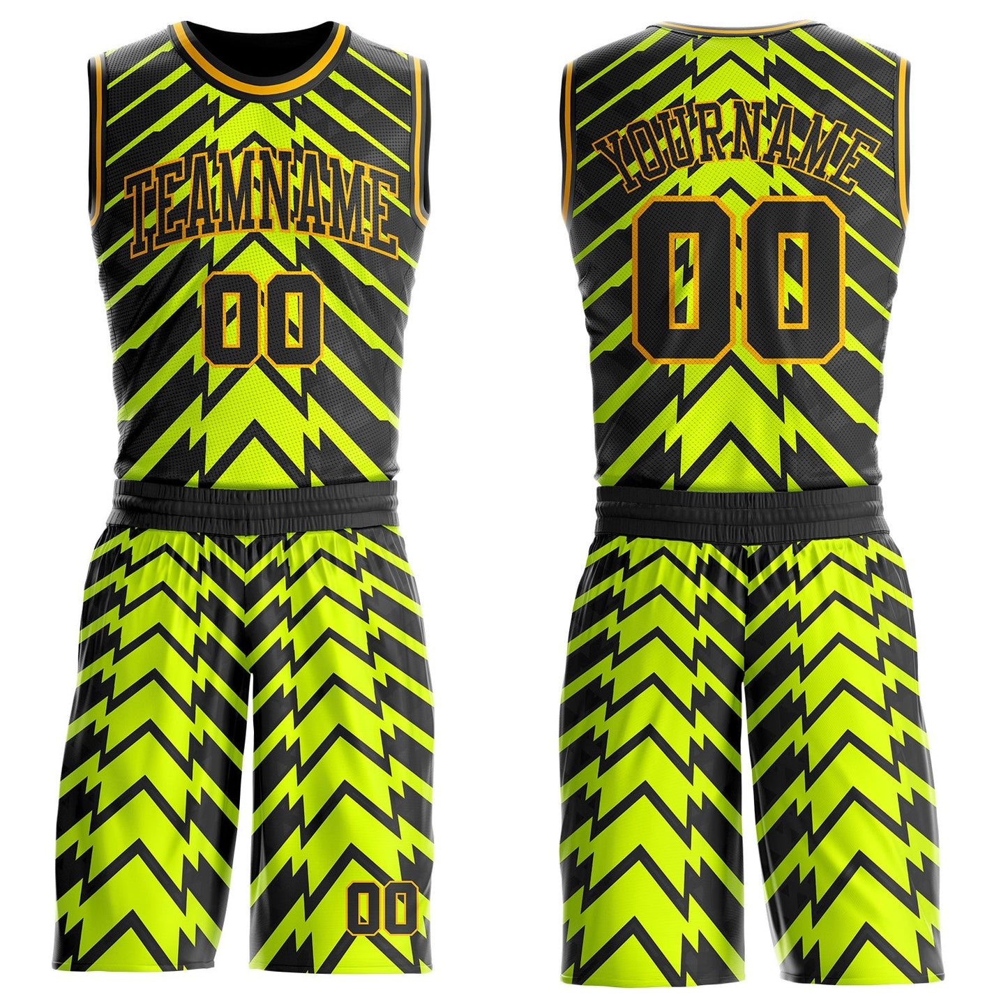 Custom Neon Yellow Black-Gold Abstract Arrow Round Neck Sublimation Basketball Uniform Jersey - Main View