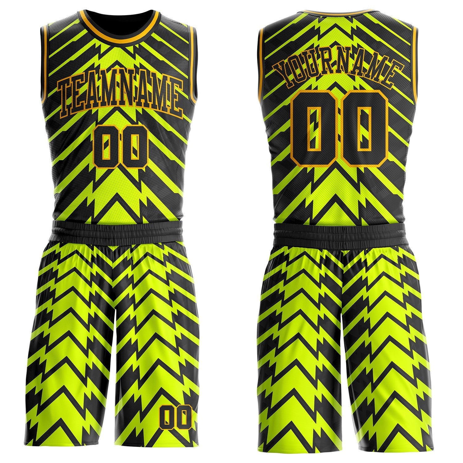 Custom Neon Yellow Black-Gold Abstract Arrow Round Neck Sublimation Basketball Uniform Jersey - Main View