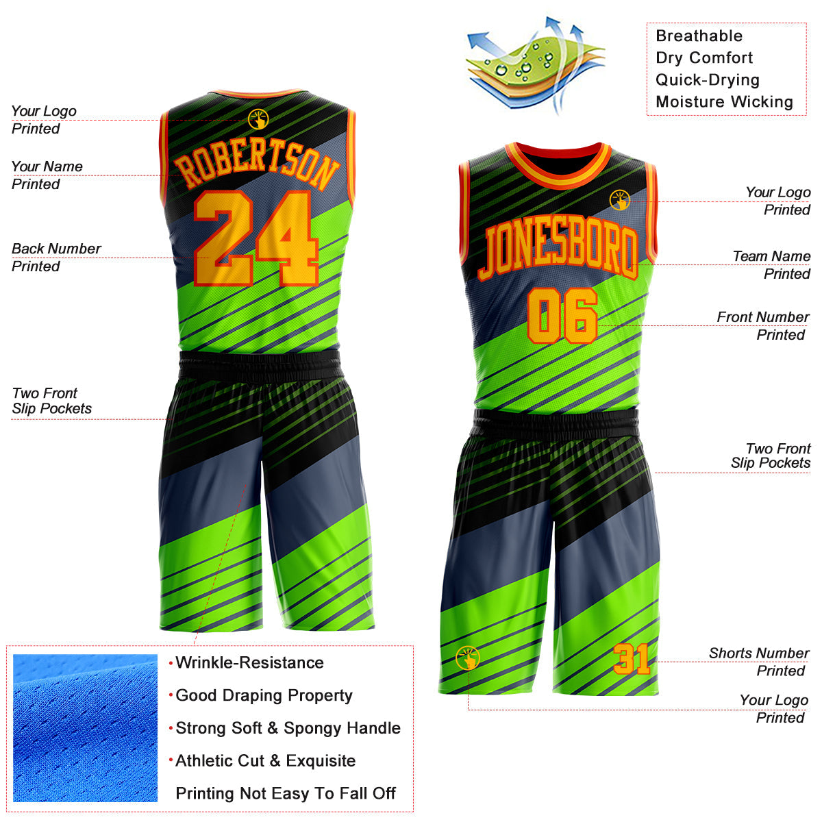 Custom Black Gold Green-Orange Abstract Diagonal Stripes Round Neck Sublimation Basketball Uniform Jersey view 2