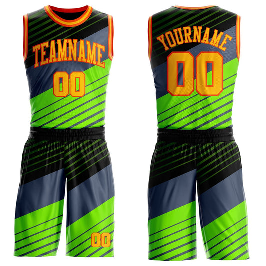 Custom Black Gold Green-Orange Abstract Diagonal Stripes Round Neck Sublimation Basketball Uniform Jersey - Main View