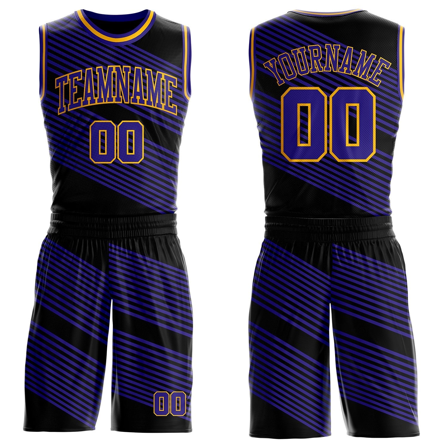 Custom Black Dark Purple-Gold Abstract Diagonal Stripes Round Neck Sublimation Basketball Uniform Jersey - Main View