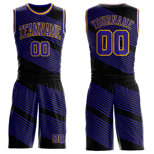 Custom Black Dark Purple-Gold Abstract Diagonal Stripes Round Neck Sublimation Basketball Uniform Jersey - Main View