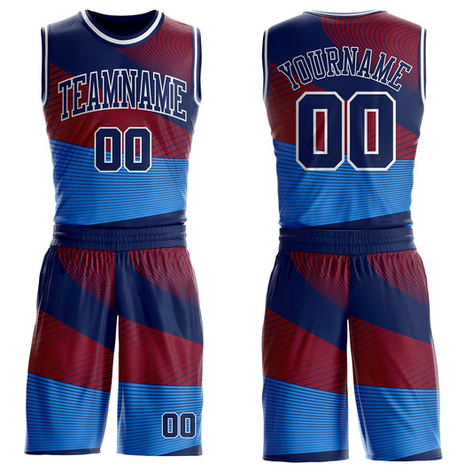 Custom Blue Navy Red-White Abstract Gradient Wave Round Neck Sublimation Basketball Uniform Jersey - Main View