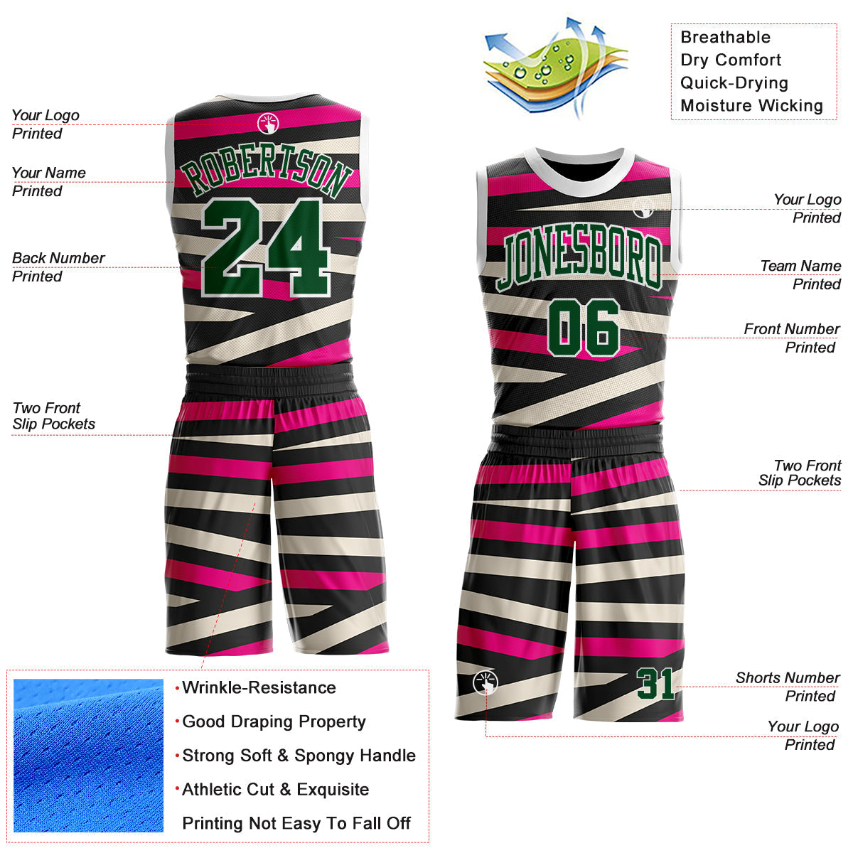 Custom Black Green Hot Pink Cream-White Abstract Stripes Round Neck Sublimation Basketball Uniform Jersey view 2