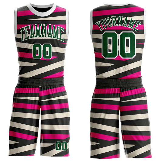Custom Black Green Hot Pink Cream-White Abstract Stripes Round Neck Sublimation Basketball Uniform Jersey - Main View