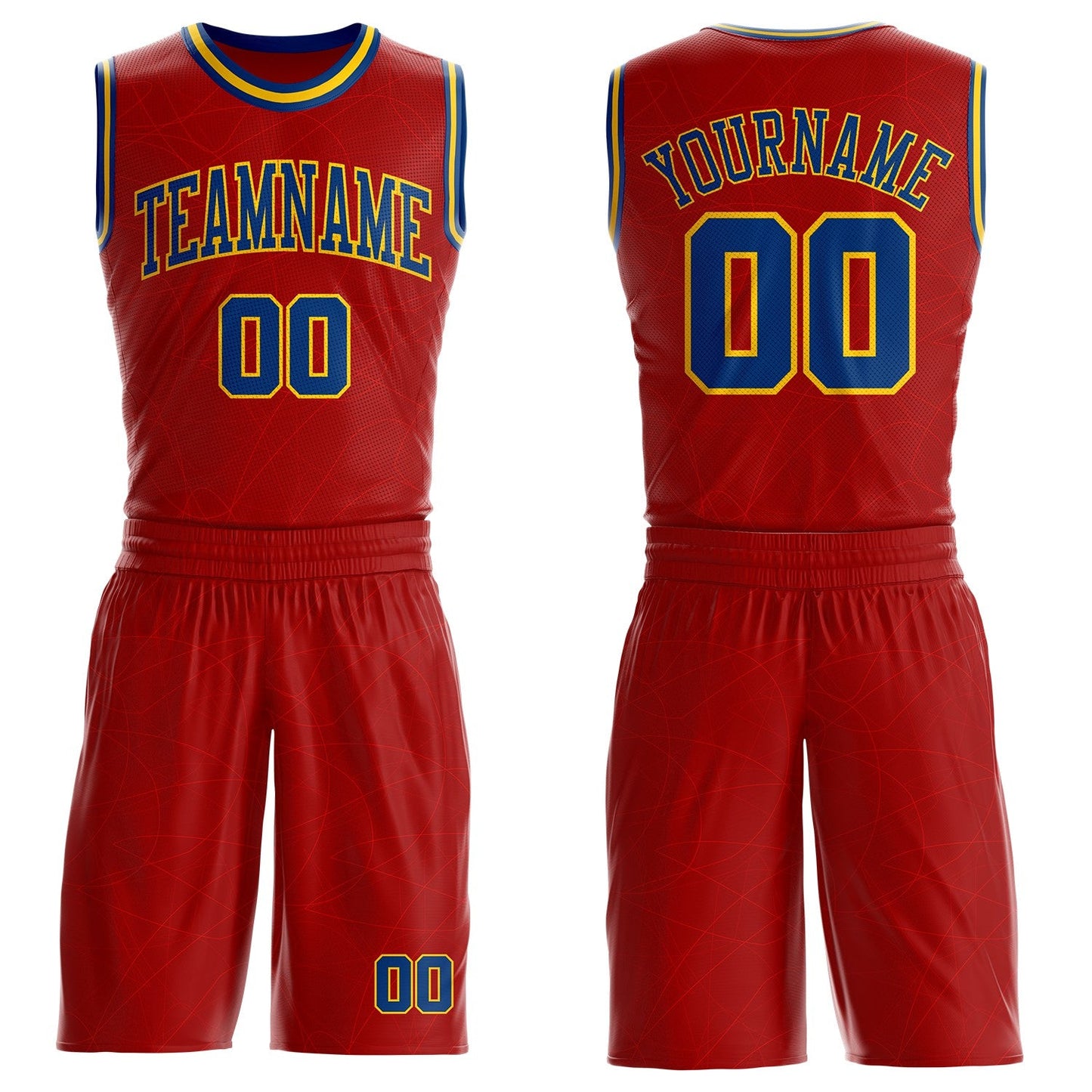Custom Red US Navy Blue-Yellow Abstract Curved Lines Round Neck Sublimation Basketball Uniform Jersey - Main View
