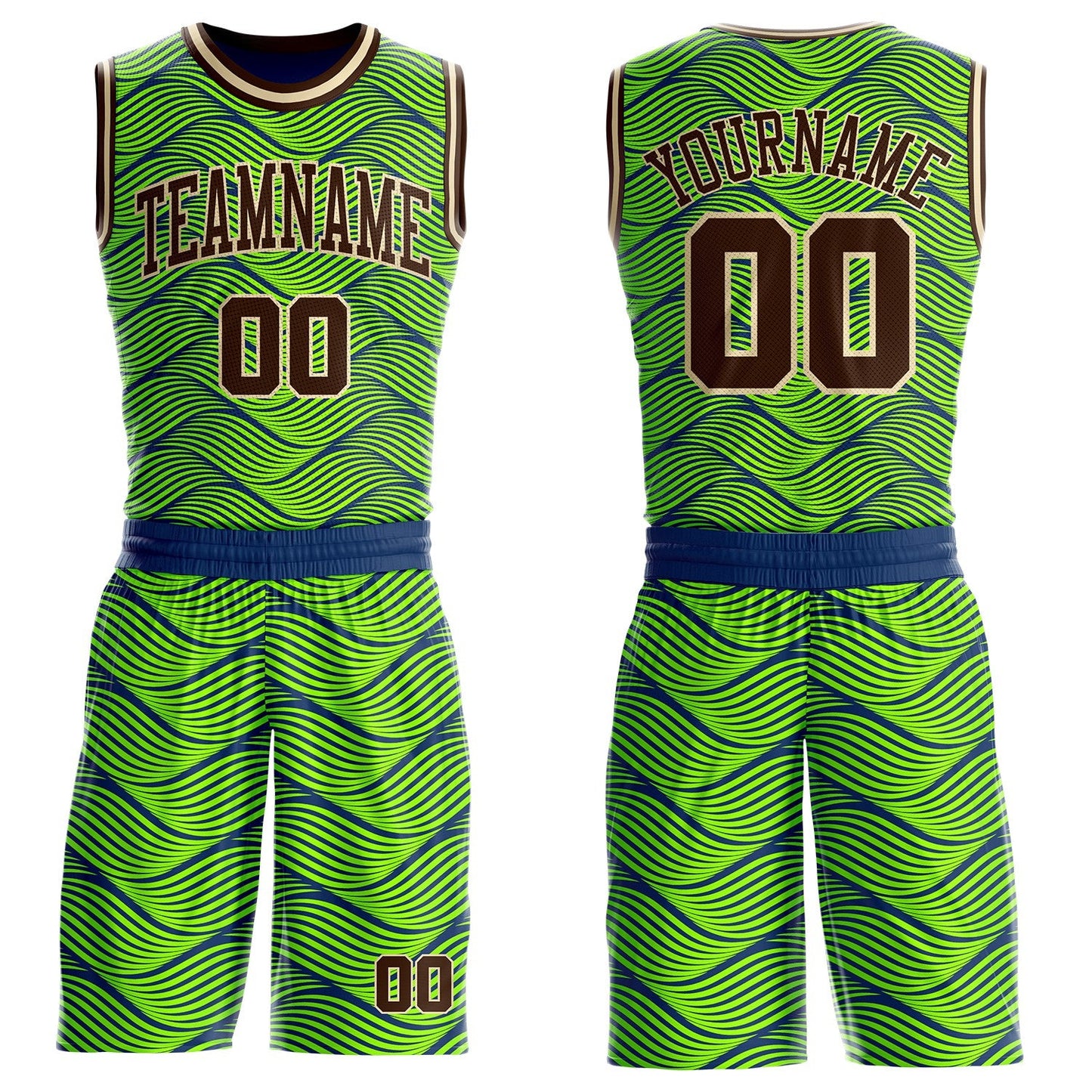 Custom Neon Green Brown Blue-Cream Abstract Wave Round Neck Sublimation Basketball Uniform Jersey - Main View