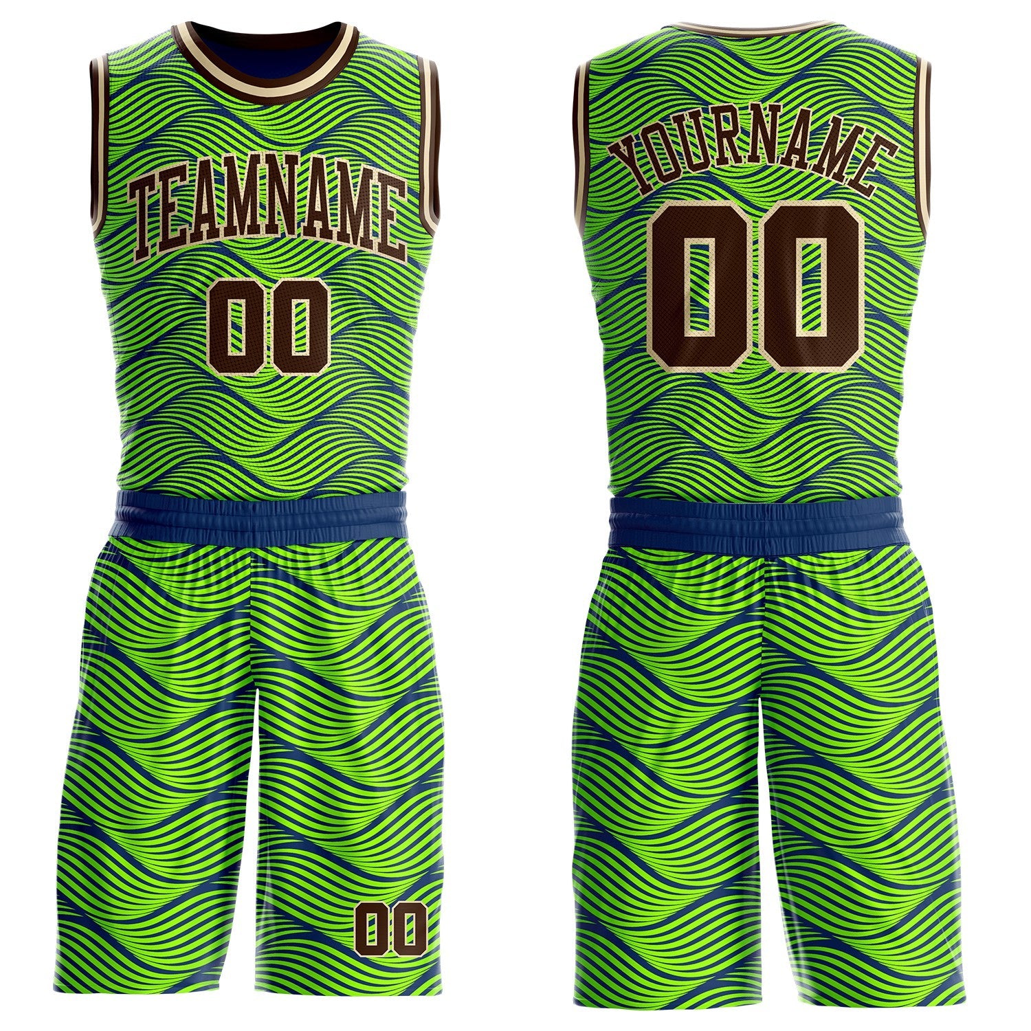 Custom Neon Green Brown Blue-Cream Abstract Wave Round Neck Sublimation Basketball Uniform Jersey - Main View