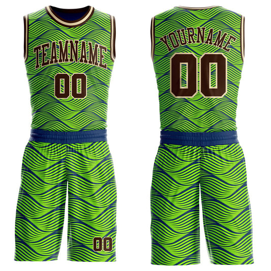 Custom Neon Green Brown Blue-Cream Abstract Wave Round Neck Sublimation Basketball Uniform Jersey - Main View