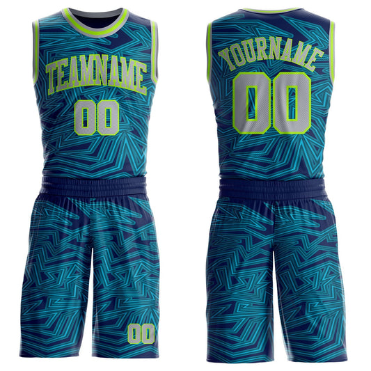 Custom Blue Gray Navy-Neon Green Abstract Tech Geometric Lines Round Neck Sublimation Basketball Uniform Jersey - Main View