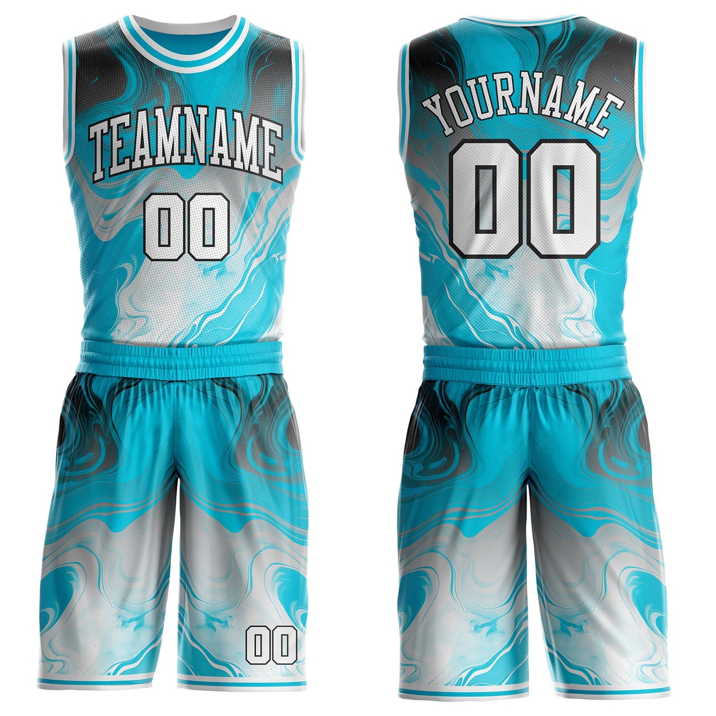 Custom Lakes Blue White-Black Marble Swirl Liquid Fluid Round Neck Sublimation Basketball Uniform Jersey - Main View
