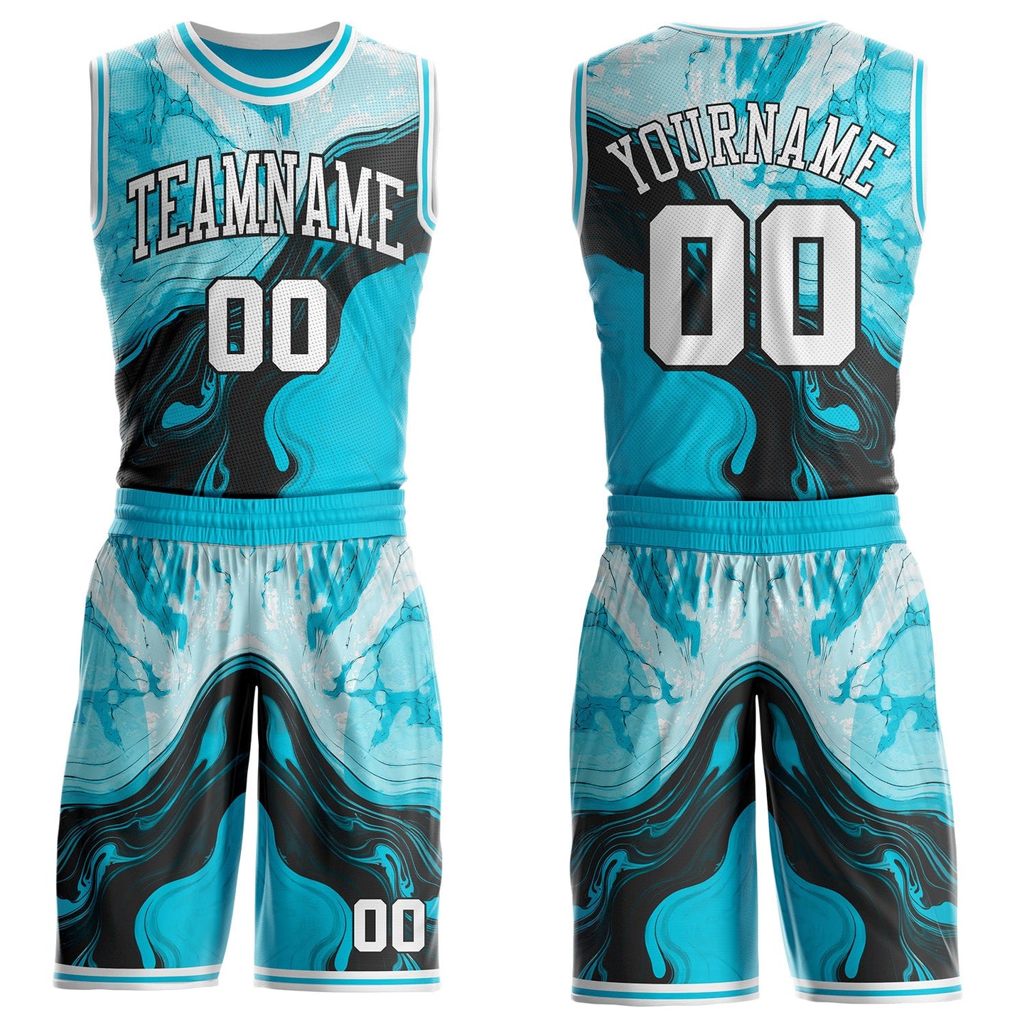 Custom Lakes Blue White-Black Marble Swirl Liquid Fluid Round Neck Sublimation Basketball Uniform Jersey - Main View