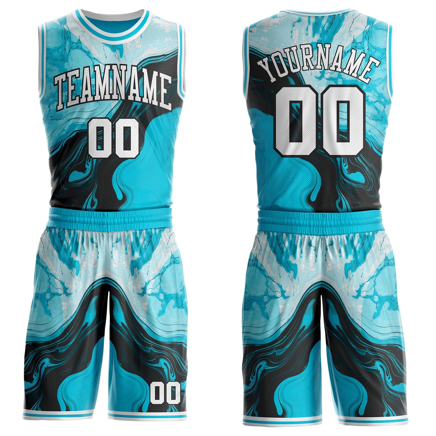 Custom Lakes Blue White-Black Marble Swirl Liquid Fluid Round Neck Sublimation Basketball Uniform Jersey - Main View