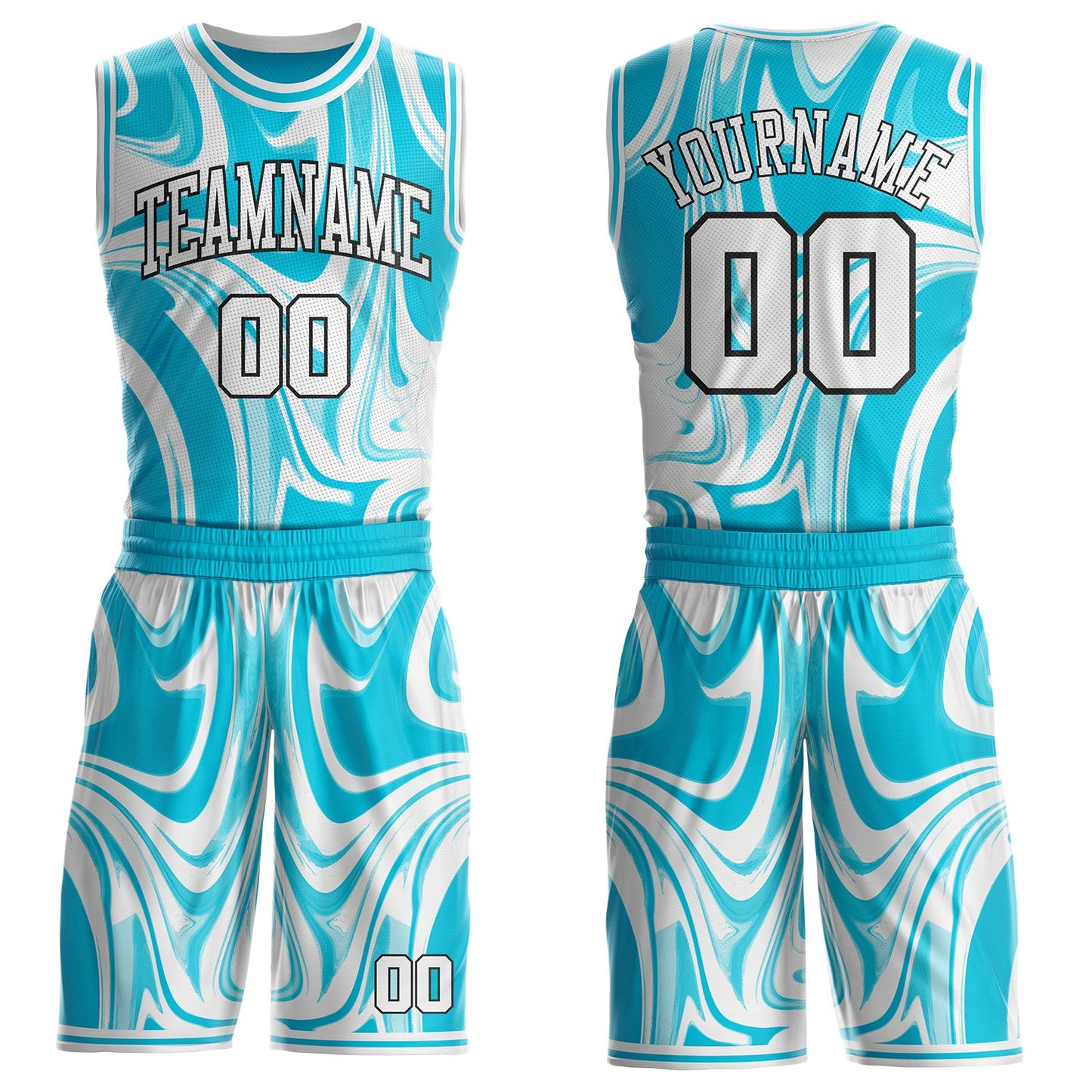 Custom Lakes Blue White-Black Marble Swirl Liquid Fluid Round Neck Sublimation Basketball Uniform Jersey - Main View