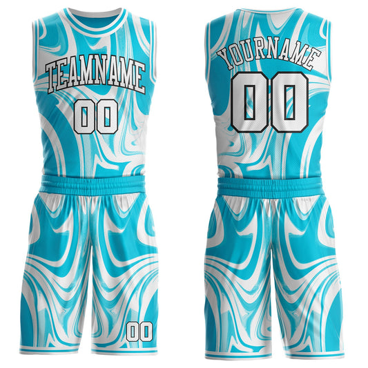 Custom Lakes Blue White-Black Marble Swirl Liquid Fluid Round Neck Sublimation Basketball Uniform Jersey - Main View