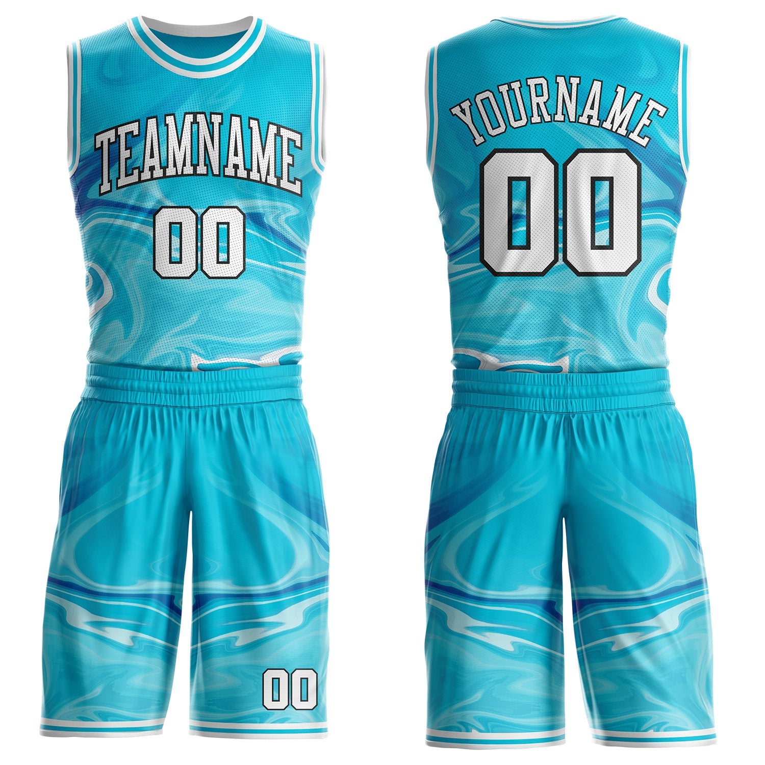Custom Lakes Blue White-Black Marble Swirl Liquid Fluid Round Neck Sublimation Basketball Uniform Jersey - Main View
