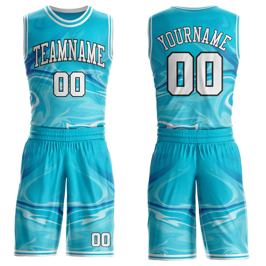 Custom Lakes Blue White-Black Marble Swirl Liquid Fluid Round Neck Sublimation Basketball Uniform Jersey - Main View