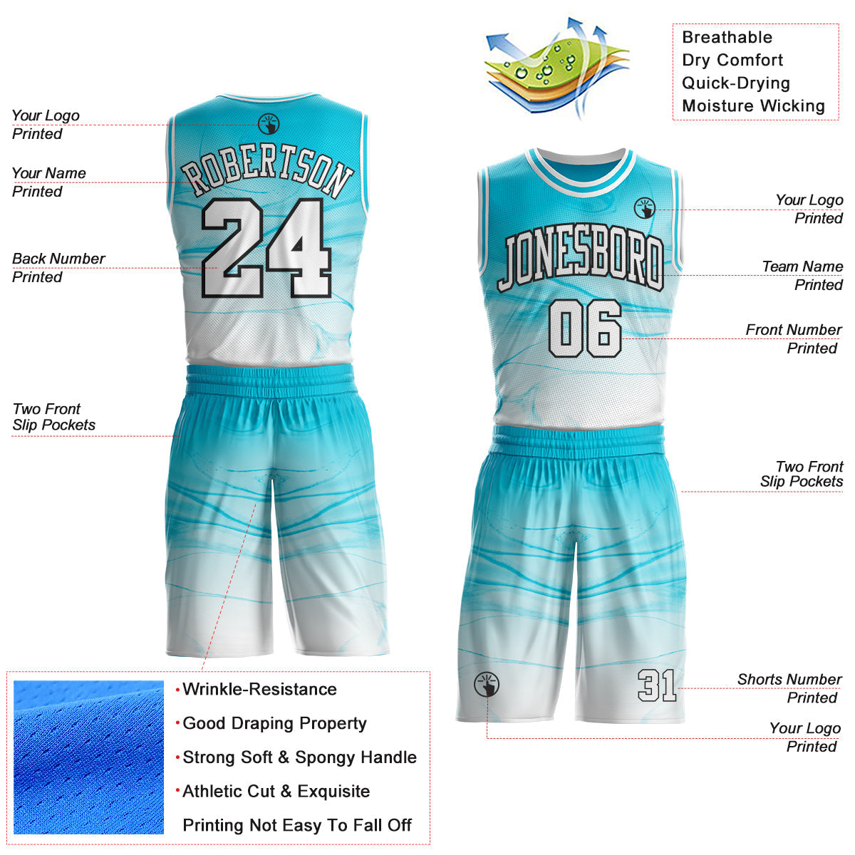 Custom Lakes Blue White-Black Marble Swirl Liquid Fluid Round Neck Sublimation Basketball Uniform Jersey view 2