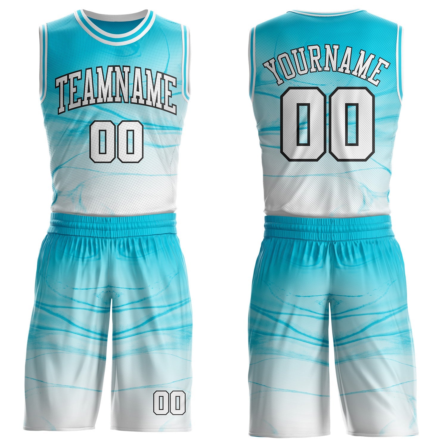 Custom Lakes Blue White-Black Marble Swirl Liquid Fluid Round Neck Sublimation Basketball Uniform Jersey - Main View