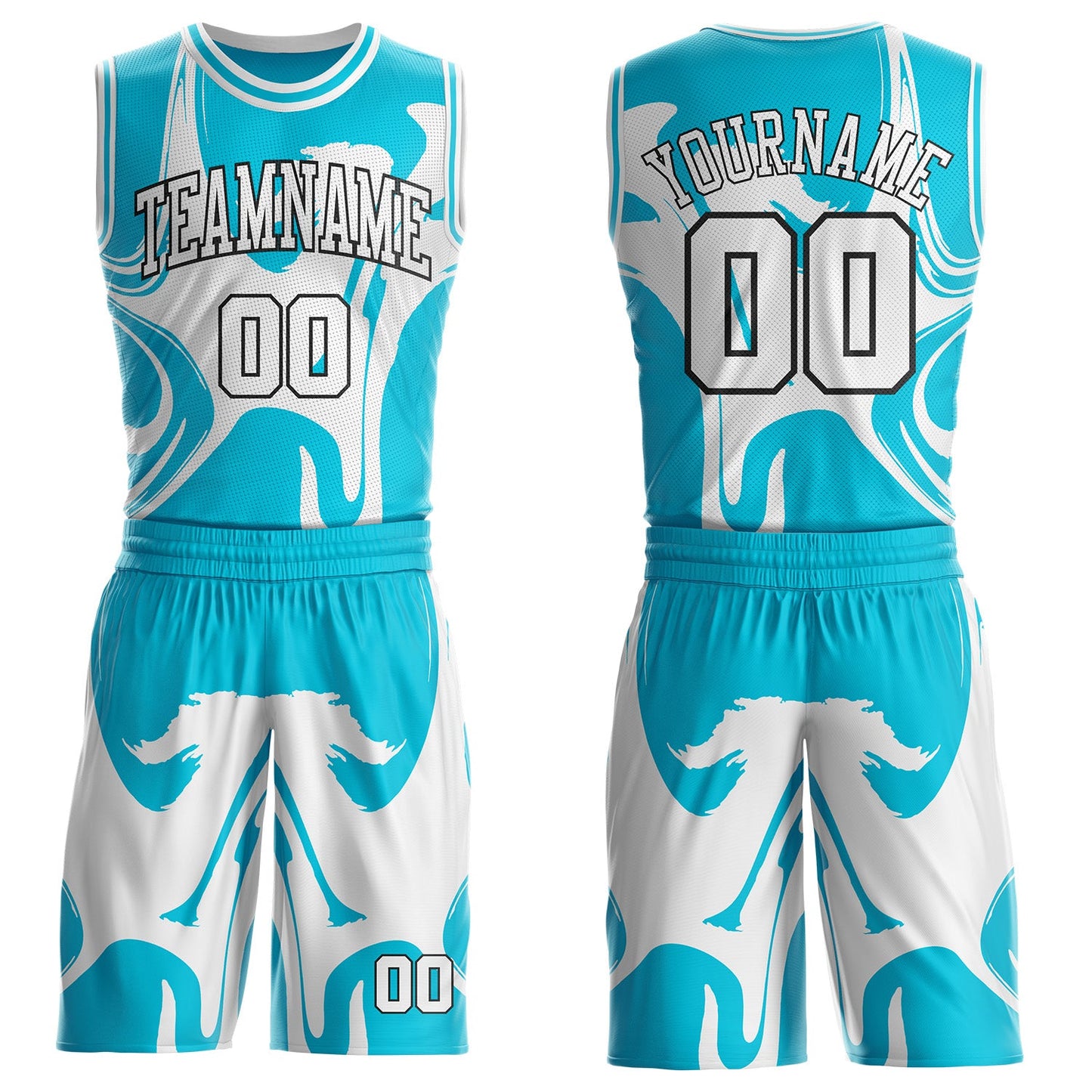 Custom Lakes Blue White-Black Marble Swirl Liquid Fluid Round Neck Sublimation Basketball Uniform Jersey - Main View