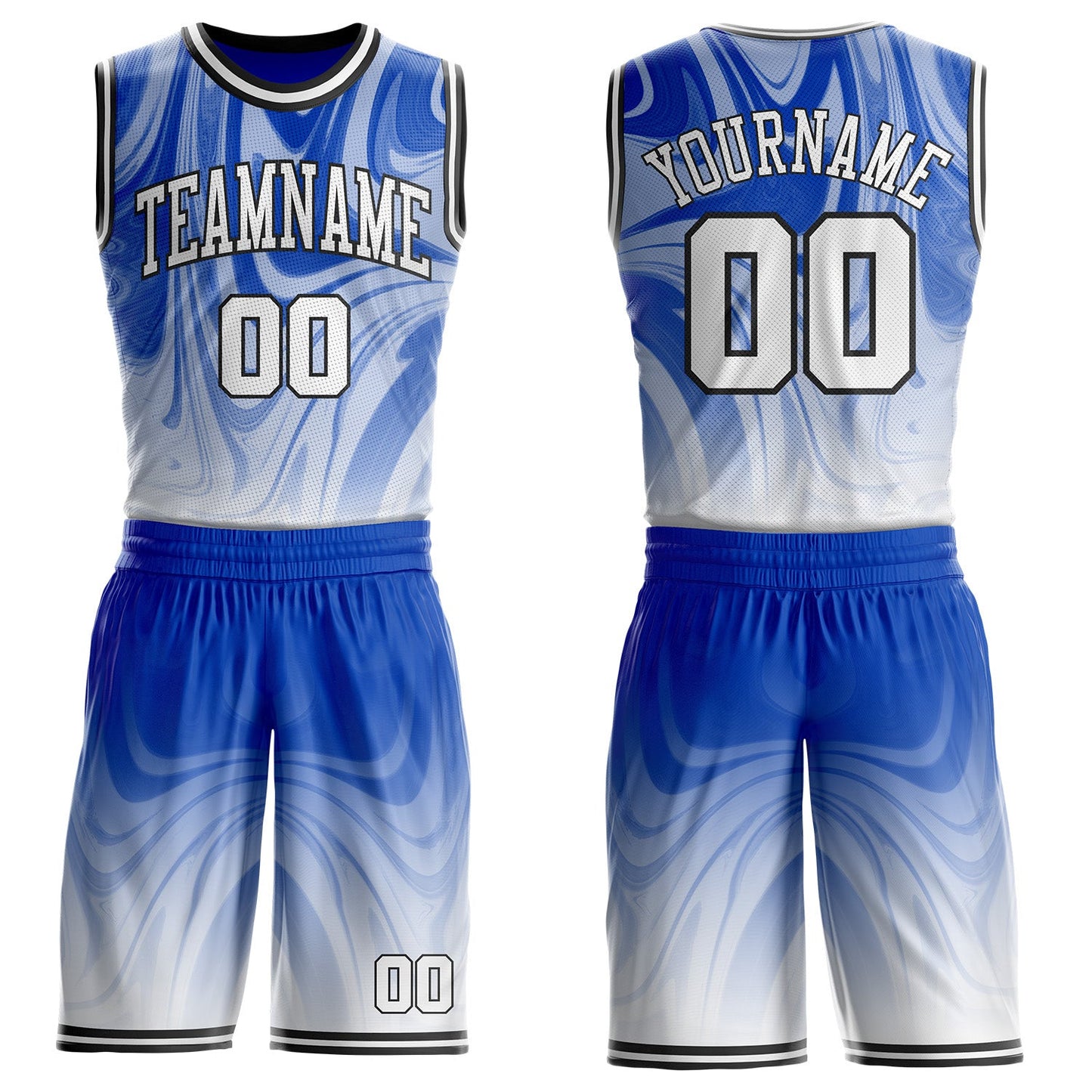 Custom Thunder Blue White-Black Marble Swirl Liquid Fluid Round Neck Sublimation Basketball Uniform Jersey - Main View