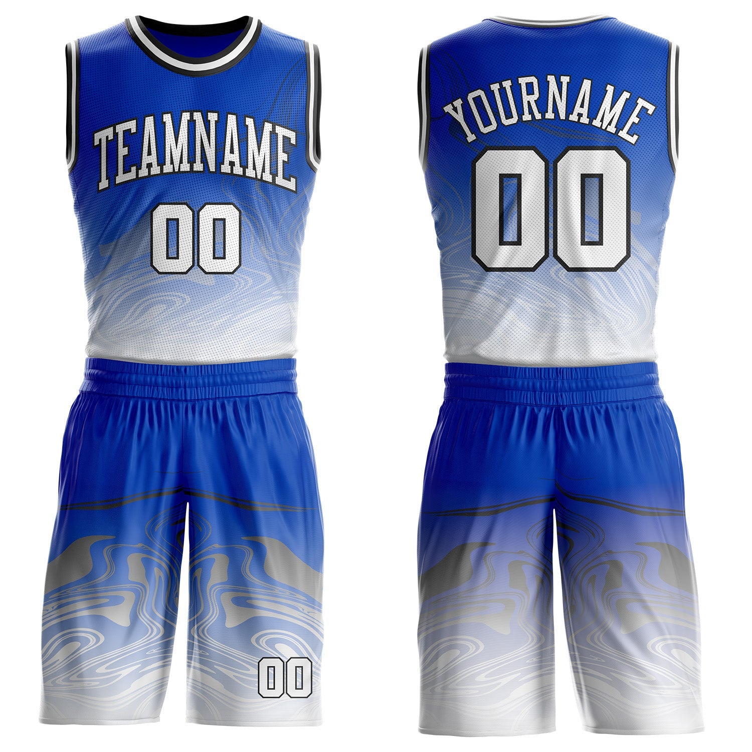 Custom Thunder Blue White-Black Marble Swirl Liquid Fluid Round Neck Sublimation Basketball Uniform Jersey - Main View