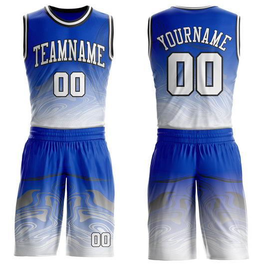 Custom Thunder Blue White-Black Marble Swirl Liquid Fluid Round Neck Sublimation Basketball Uniform Jersey - Main View