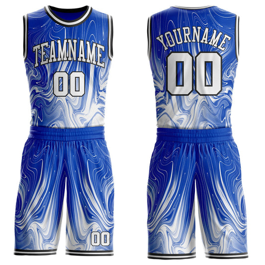 Custom Thunder Blue White-Black Marble Swirl Liquid Fluid Round Neck Sublimation Basketball Uniform Jersey - Main View