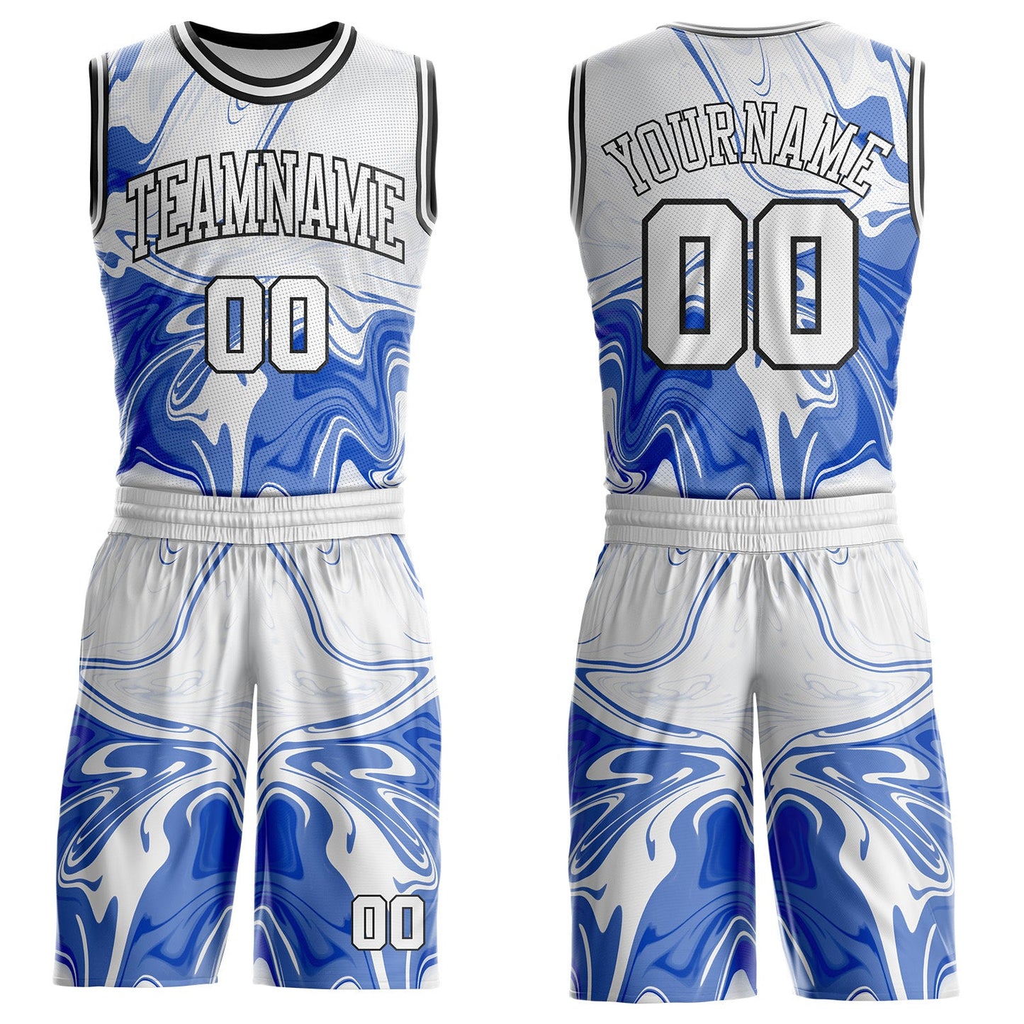 Custom Thunder Blue White-Black Marble Swirl Liquid Fluid Round Neck Sublimation Basketball Uniform Jersey - Main View