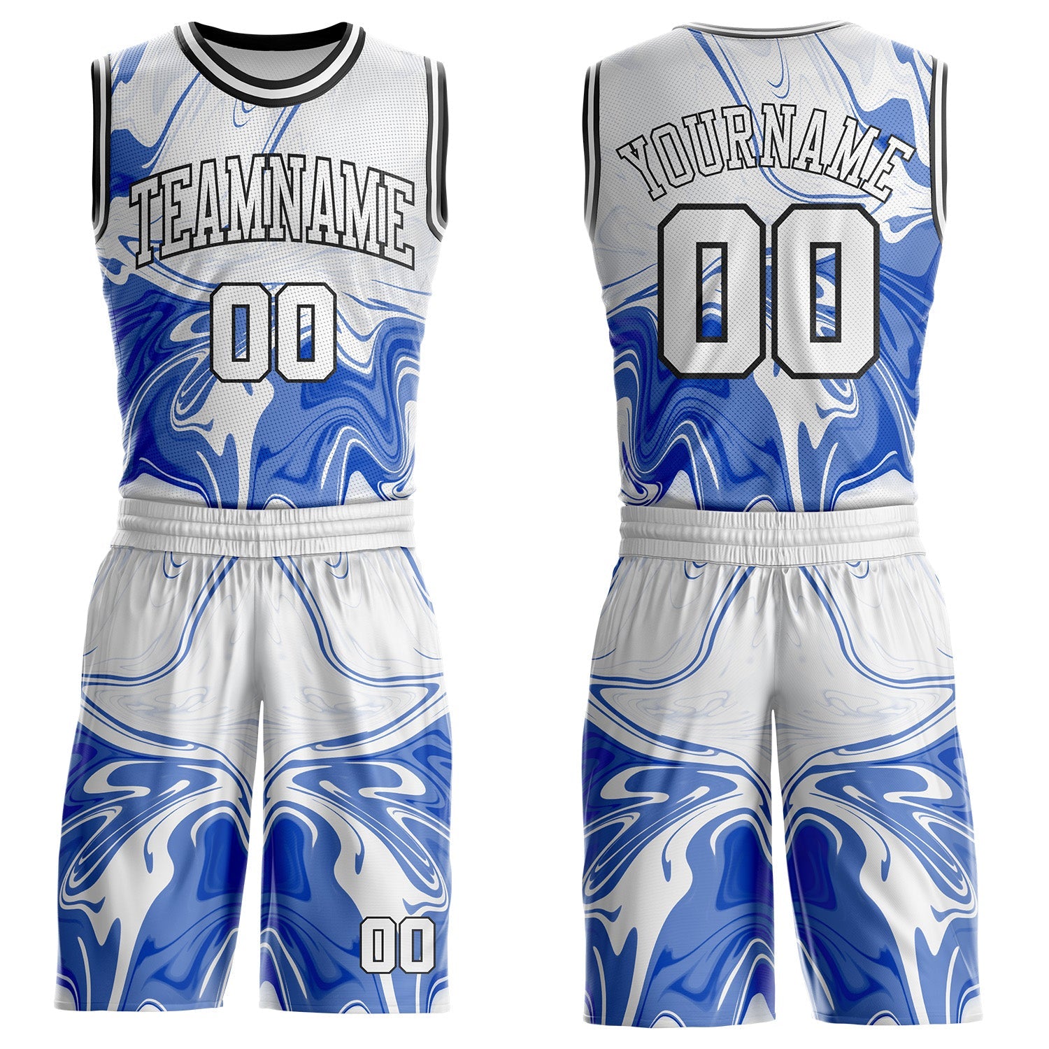 Custom Thunder Blue White-Black Marble Swirl Liquid Fluid Round Neck Sublimation Basketball Uniform Jersey - Main View